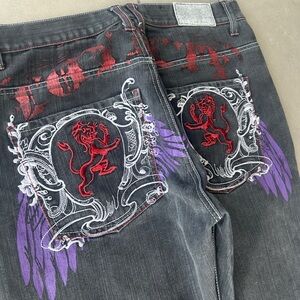 Men's Designer Jeans with Red and Purple Embroidery